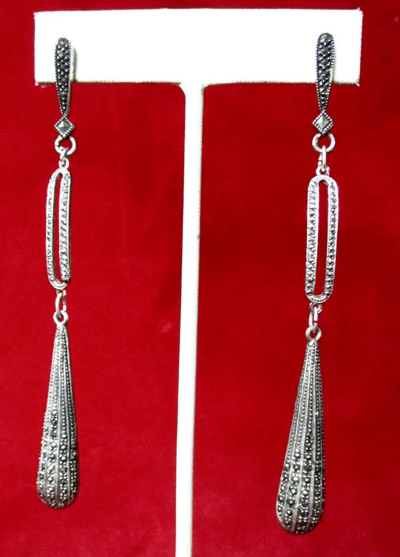 Vintage Sterling Silver & Marcasite "Shoulder Duster" 3 3/4-Inch Earrings/Boho/Hippie