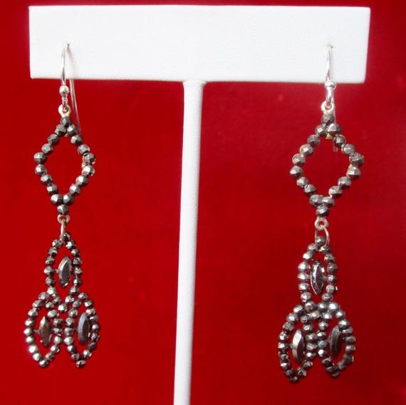 Pair of Antique Victorian  Cut Steel 2 1/2-Inch Earrings With New Sterling Silver Ear Wires