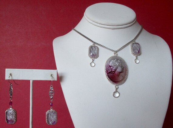 Vintage Jewelry Set:   Sterling Silver Fuchsia   Butterfly Wing Necklace With Camphor Glass Cameo & Matching Earrings