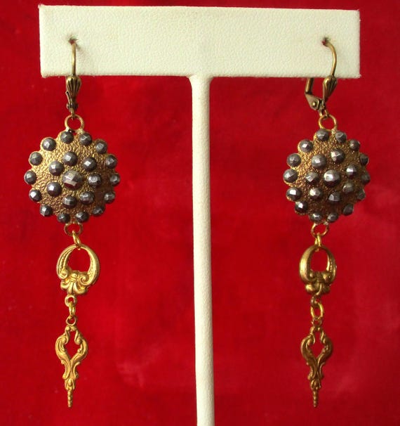 Pair of Antique Cut Steel & Brass Earrings/Hippie/Boho