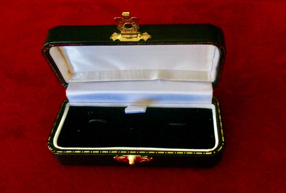 Vintage Black Leatherette Cuff Link Box With Gold Tooling and Outside Box in Paper