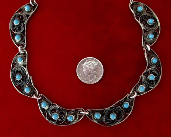 Vintage  Middle Eastern Sterling Silver & Turquoise Glass  Bead Choker Necklace