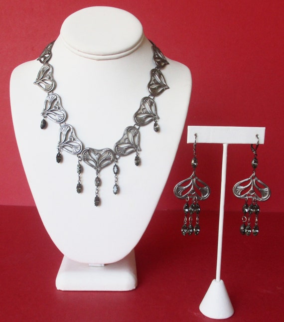 Vintage Jewelry Set:   Necklace With Matching Earrings/ Antique Art-Nouveau Pewter Beads With "Swarovski Black Diamond" Crystals