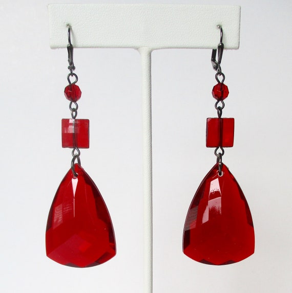 Pair of Vintage 3-Inch Deep Red Lucite Earrings