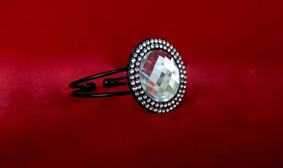 Vintage "Bling" Slip-On Adjustable Bangle Bracelet With Cubic Zirconia & Large Foiled Stone/Boho/Shabby Chic/Bridesmaid Gift