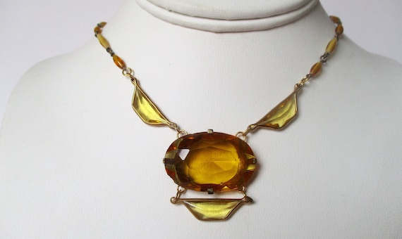 Antique Art-Deco Yellow Crystal Pendant Choker Ne… - image 1
