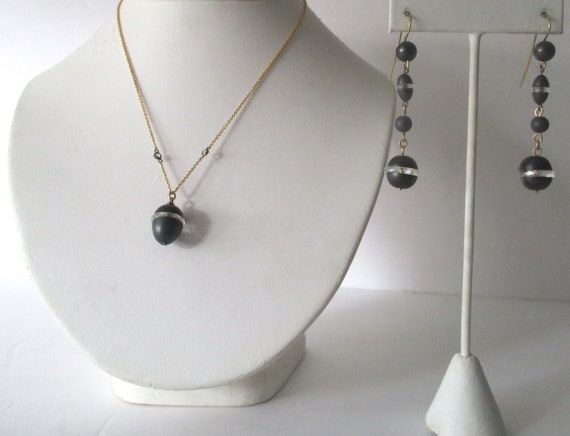 Art-Deco  Natural Matte Hematite  Jewelry Set:   Pendant Necklace With Matching Earrings