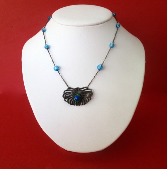 Antique Foiled Peacock Bead  Brass Necklace/Antique Necklace/Necklace/Brass Necklace/Peacock Bead