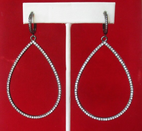 Pair of Vintage Gunmetal-Color 3-Inch Micro-Pave Teardrop Earrings/Wedding/Boho/Hippie