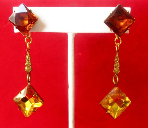 Pair of Vintage Art-Deco Brass & Rhinestone Screw Back Earrings