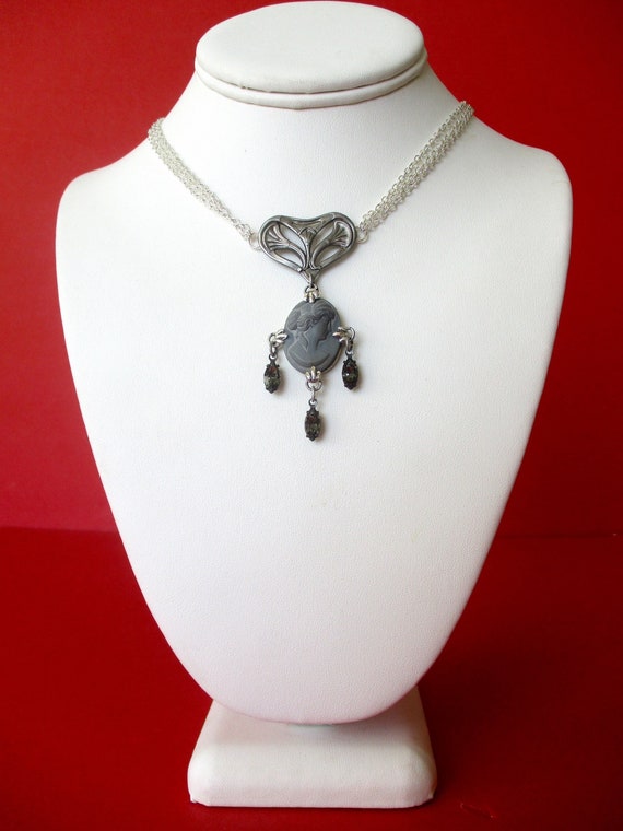 Vintage Glass Cameo Necklace With Swarovski Crystals