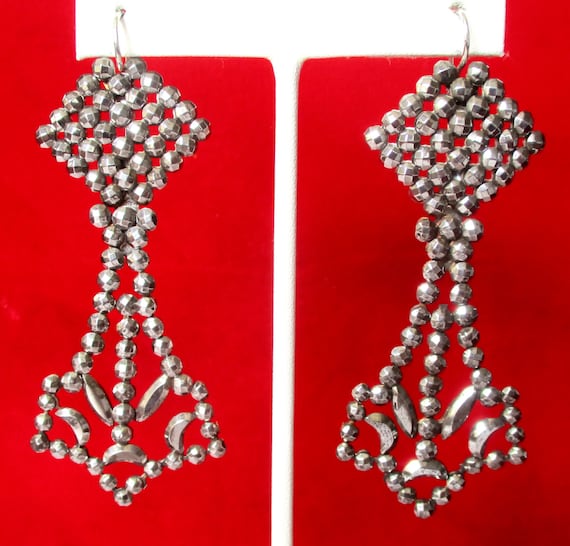 Pair of Antique 3.25-Inch Cut-Steel Earrings/Victorian Earrings