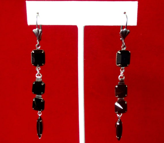 Pair of Vintage 3-Inch Black Glass Earrings With … - image 2