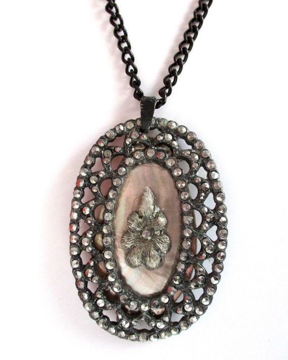 Antique Marcasite & Mother-of-Pearl Pendant Neckl… - image 2