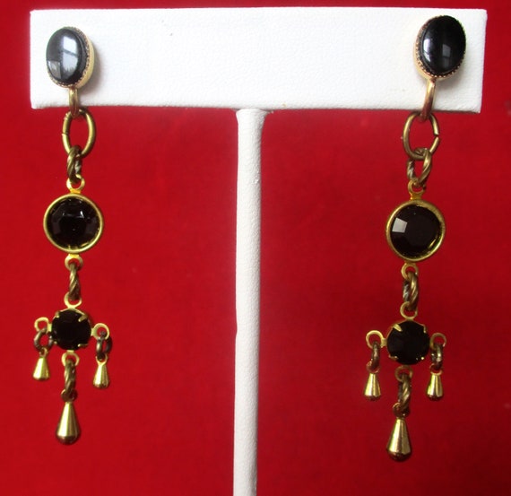 Pair of Vintage Black Crystal & Brass Crystal Screw Back Earrings/Boho/Hippie