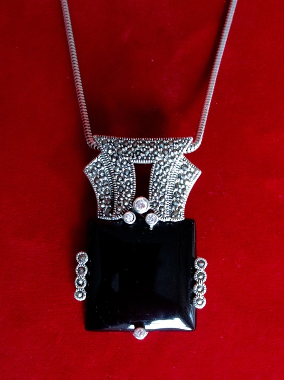 Vintage Sterling Silver Onyx &  Marcasite Brooch/Necklace/Boho/Shabby Chic