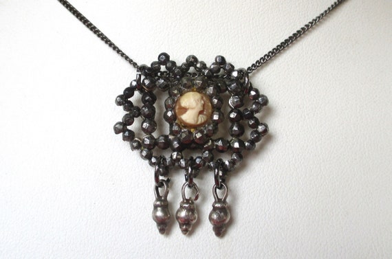 Antique Cut Steel & Small Shell Cameo Necklace - image 1