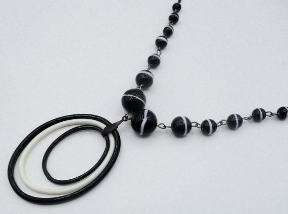 Antique Victorian Banded-Agate Style Glass Bead Necklace With Pendant