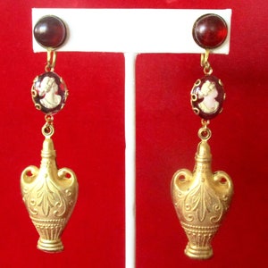 Pair of Vintage Brass Screw Back Amphora & Etched Crystal Cameo Earrings