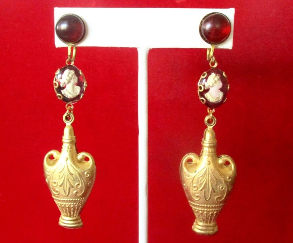 Pair of Vintage Brass Screw Back Amphora & Etched Crystal Cameo Earrings