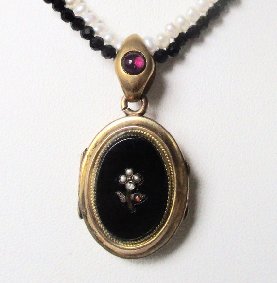 Antique Victorian Brass  Locket Necklace With Onyx