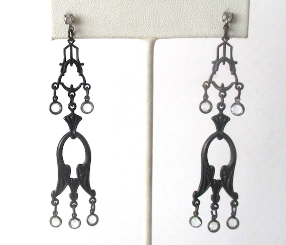 pair of Vintage 3-Inch Gothic Steampunk Earrings With Crystals