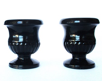 Pair of Vintage 3-Inch Tall Black Glass Mini-Urns