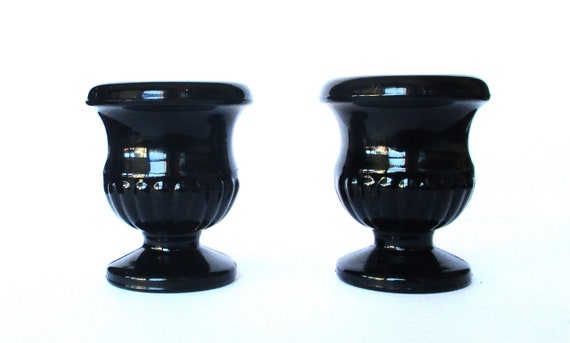 Pair of Vintage 3-Inch Tall Black Glass Mini-Urns