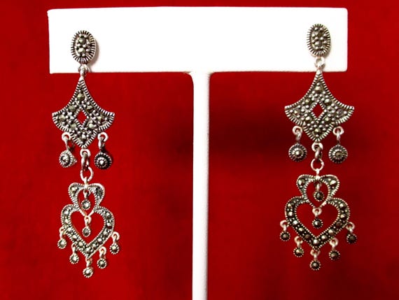 Pair of Vintage Sterling Silver & Marcasite Chandelier Earrings/Hippie/Boho
