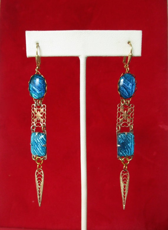 Pair of Antique  3 5/8-Inch Brass & Butterfly Wing Earrings/Boho/Shabby Chic/Hippie