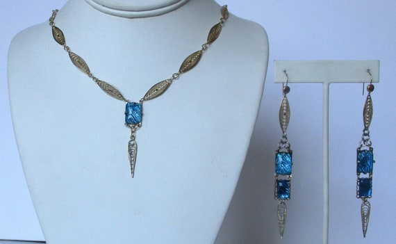 Antique Jewelry Set:  Butterfly Wing & Filigree Gold Tone Necklace With Matching Earrings/Boho/Shabby Chic/Hippie