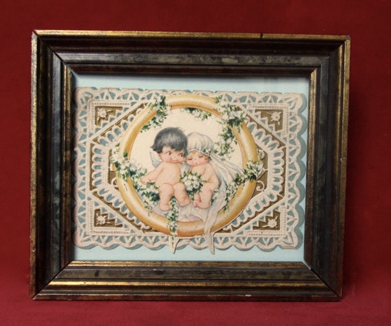 Antique Victorian Framed Lover's Greeting Card Under Glass