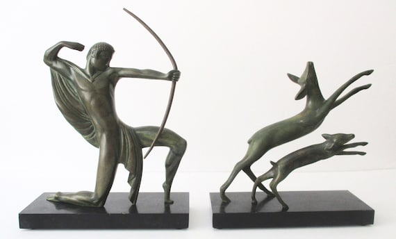 Michel Decoux (1837-1924)   "Hunter With Bow Chasing Two Deer"     -     Two Part Bronze sculpture/antique bronze