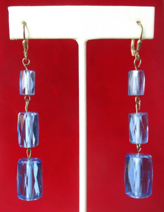 Pair of Deco Faceted Cylindrical Blue Crystal Ear… - image 2