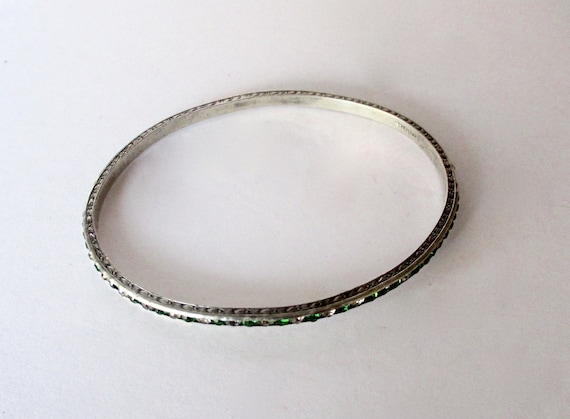Antique Sterling Silver Oval Green & Clear Paste Bangle Bracelet