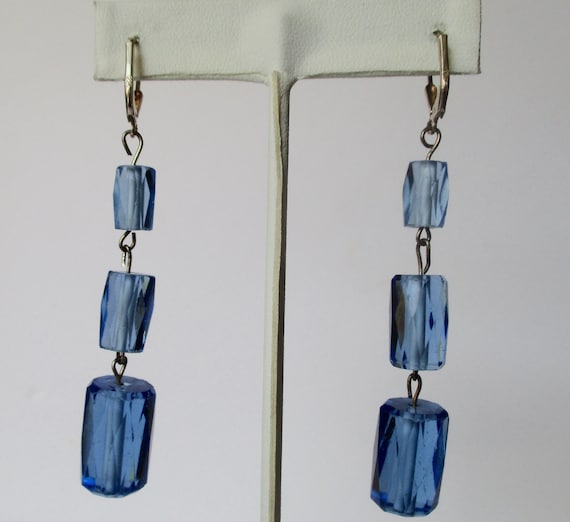 Pair of Deco Faceted Cylindrical Blue Crystal Ear… - image 7