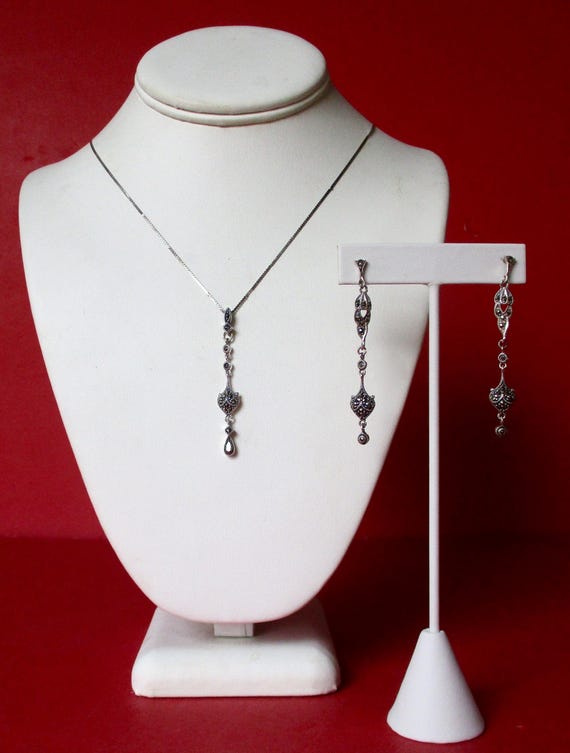 Vintage Jewelry Set:  Sterling Silver & Marcasite Necklace With Pendant and Matching Earrings/Wedding/Boho/Hippie