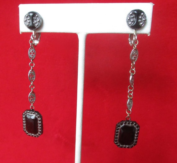 Pair of Deco Screw Back 2 3/4-Inch  Earrings With Black Glass