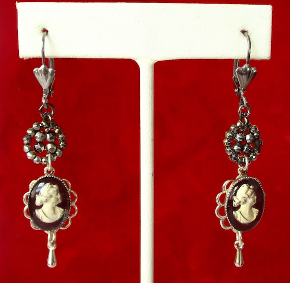 Pair of Vintage Cut Steel & Hand-Painted Glass Cameo Earrings/Boho/Hippie/Shabby Chic