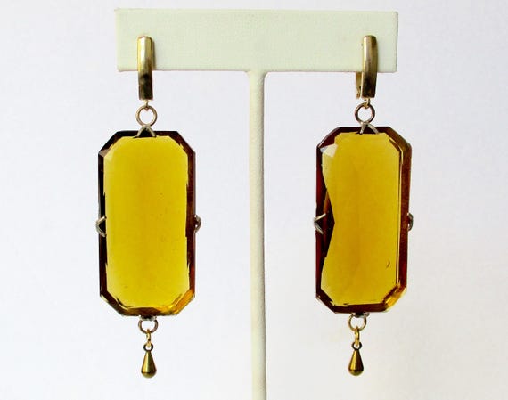 Pair of Art-Deco Large Faceted Citrine-Colored Crystal Earrings With Vermeil
