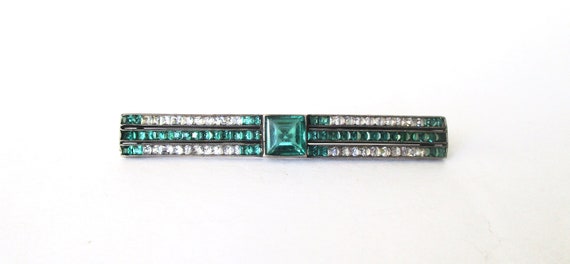 Antique Art Deco European Sterling Silver Bar Pin With Tiny Square Cut Paste Stones