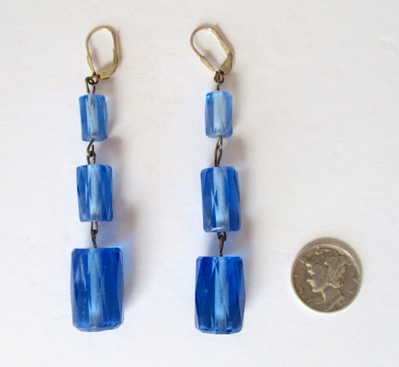 Pair of Deco Faceted Cylindrical Blue Crystal Ear… - image 1