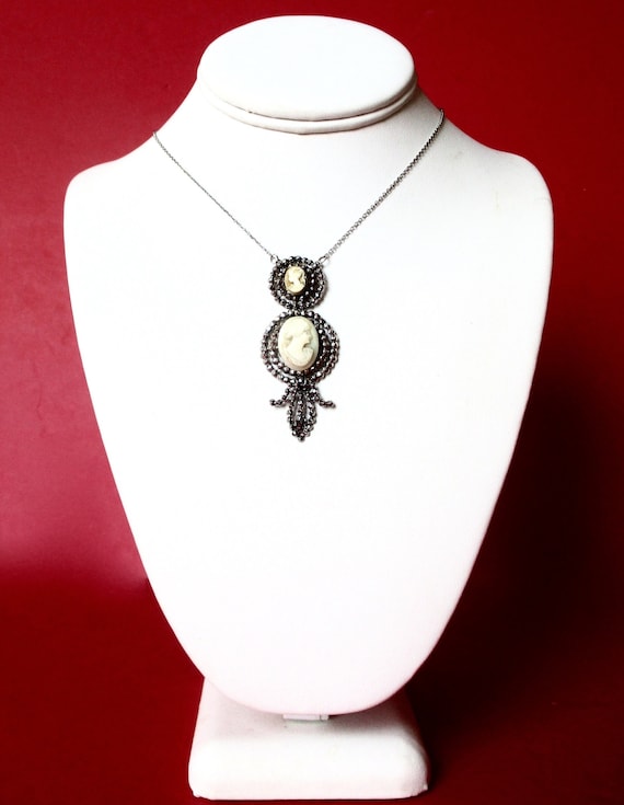 Antique Cut Steel Double Cameo Pendant Necklace/Boho/Shabby Chic/Hippie
