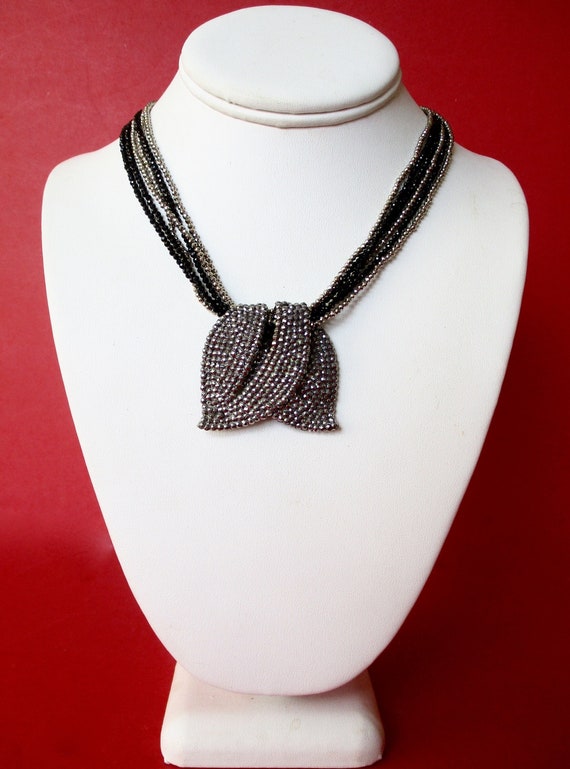 Vintage Cut Steel Pendant Necklace With Hematite and Black Spinel Beads/Boho/Shabby Chic
