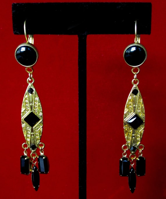 Pair of Vintage  3 1/2 Inch French Jet (Black Glass) & Brass Gypsy Earrings