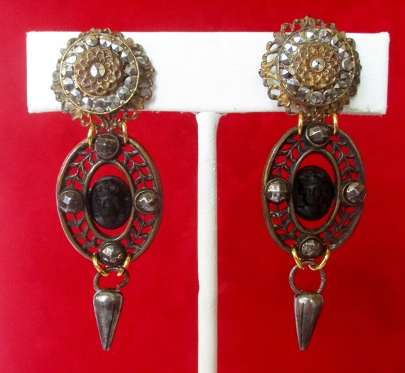 Pair of Antique Black Glass Cameo  - Brass - Cut Steel Earrings/Boho/Shabby Chic/Steampunk/Gothic
