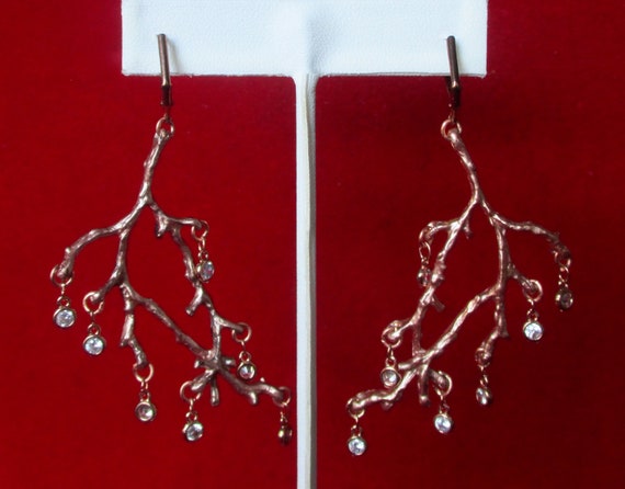Pair of Vintage Copper Branch Earrings With 14 Cubic Zirconia/Shabby Chic/Boho/Hippie