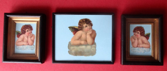 Three Classic Antique  Victorian Angel Prints Separately Mounted In Wood Frames Under Glass