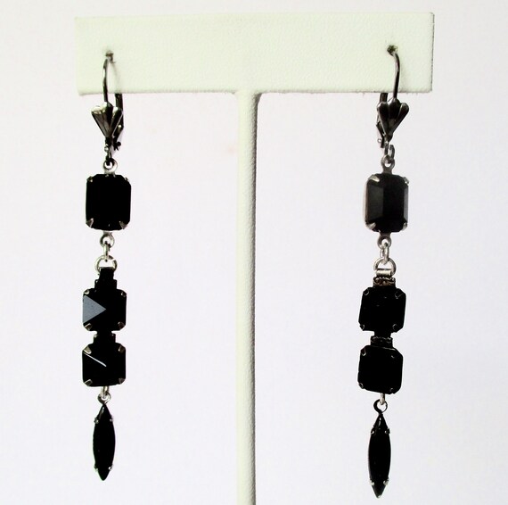 Pair of Vintage 3-Inch Black Glass Earrings With … - image 1