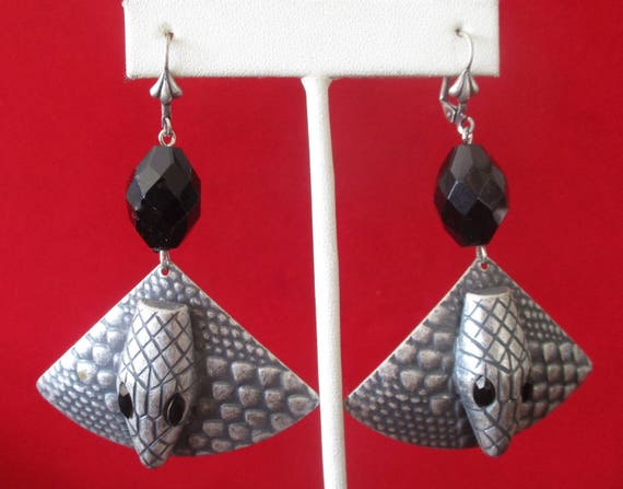 Pair of Vintage 3 - Inch  French Jet Snake Earrings